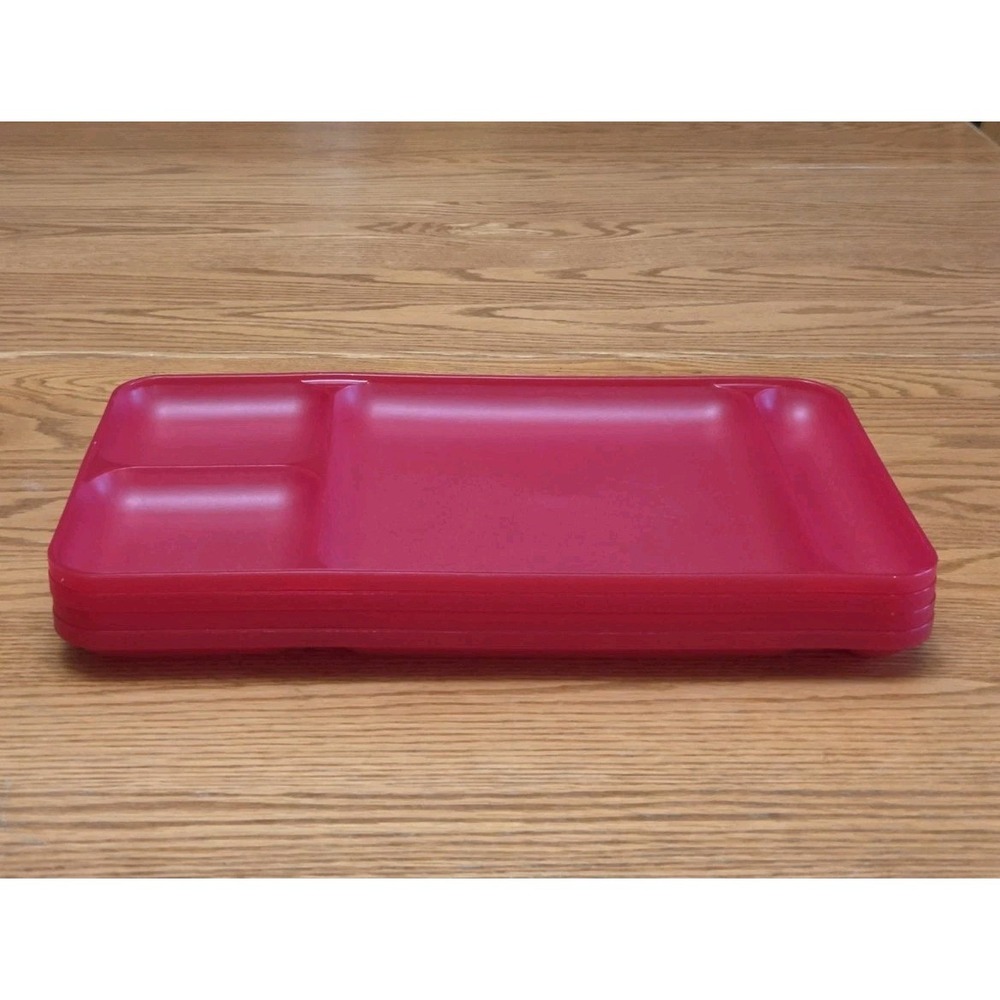 Set Of 4 Tupperware Red Cafeteria Divided Trays TV Camping Vintage